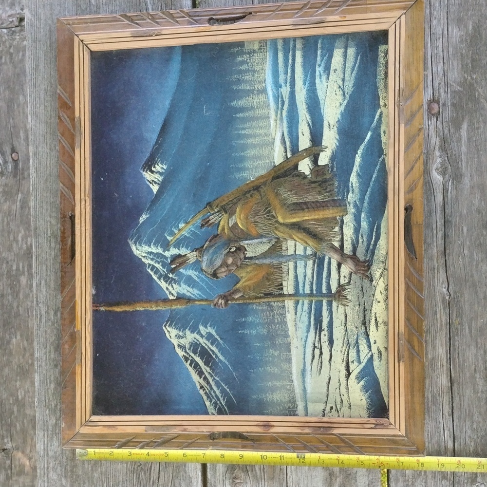 Velvet Indian Painting Vintage 1970's in original handcrafted wood frame